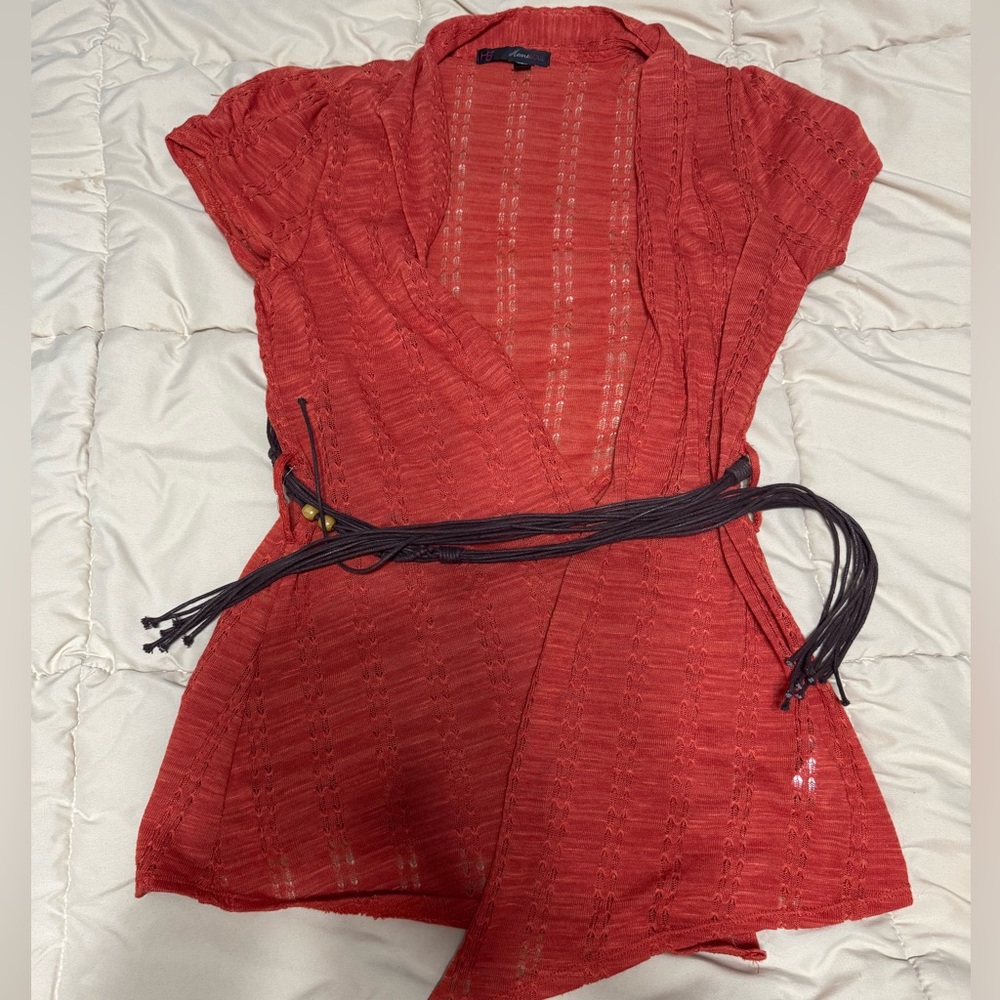Orange Red Knit Wrap Top with Black Belt